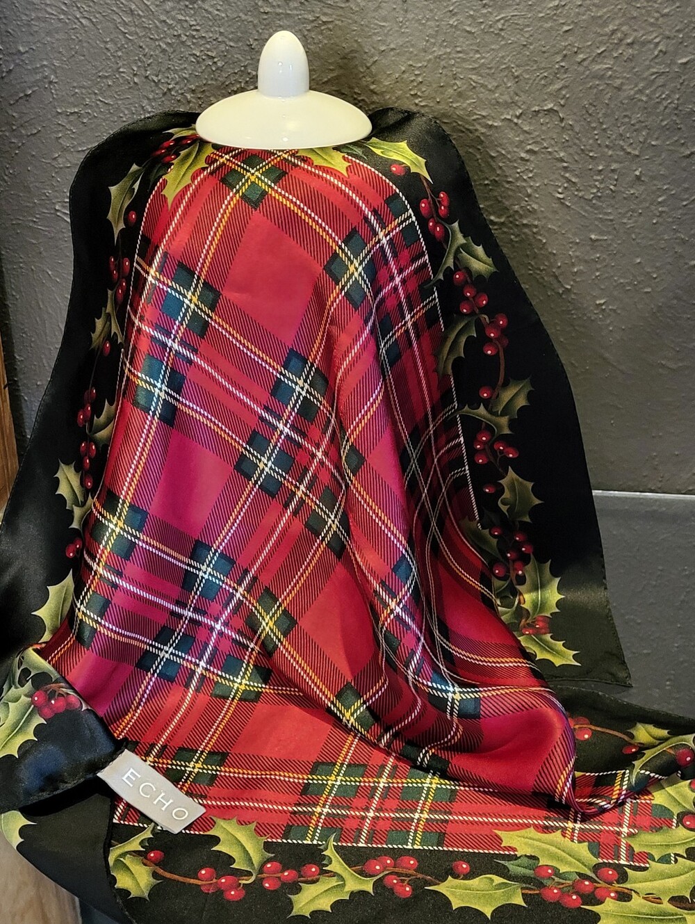 Echo Vtg 80s Red/Black/Green Silk Holiday Plaid Scarf 21" Square